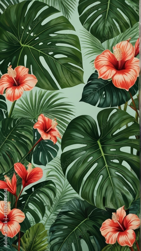 Tropical pattern with monstera leaves, hibiscus flowers, and a parrot. Lush, vibrant design perfect for backgrounds or exotic themes. Tropical pattern with monstera leaves, hibiscus flowers, and a parrot. Lush, vibrant design perfect for backgrounds or exotic themes.