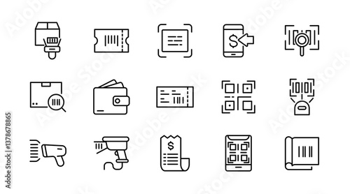 Barcode line icon set. QR code, scan, scan me, payment barcode, scanning process, product, and scanner outline icon collection. UI thin outline icon pack