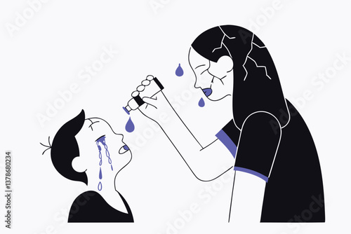 Abstract Woman Teasing Boy with Liquid, Crying and Broken Emotions Art, White Background