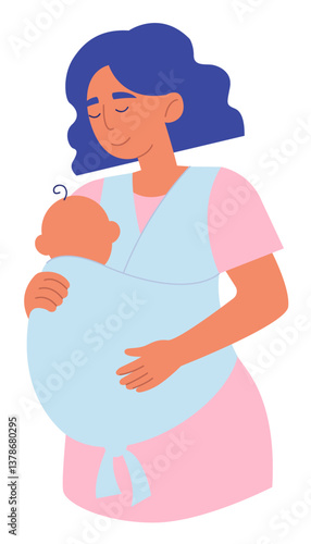 Mother Holds Sleeping Newborn in Baby Sling Wrap.