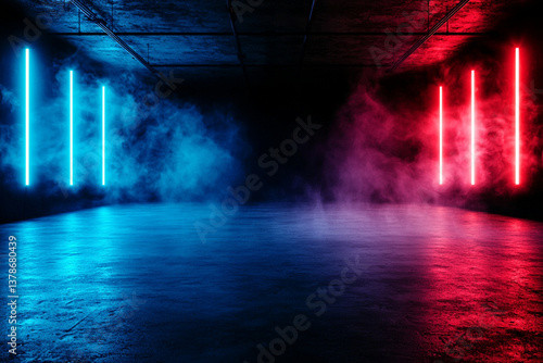 dramatic empty space illuminated by blue and red neon lights, with smoke creating mysterious atmosphere. contrasting colors enhance visual impact