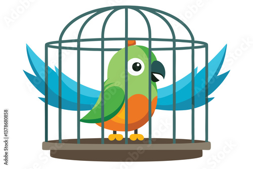 Birdcage with Green Parrot and Blue Feathers Cartoon Design on White Background