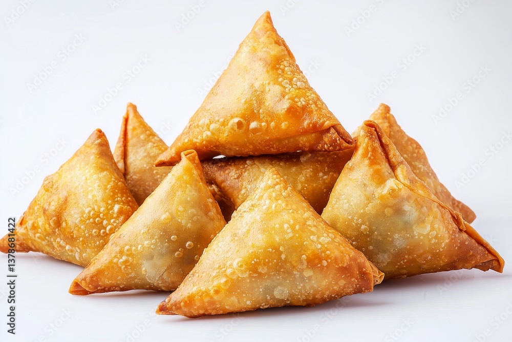 Triangular Indian Samosas with Golden Crust Arranged in Pyramid Style Triangular Indian Samosas with Golden Crust Arranged in Pyramid Style
