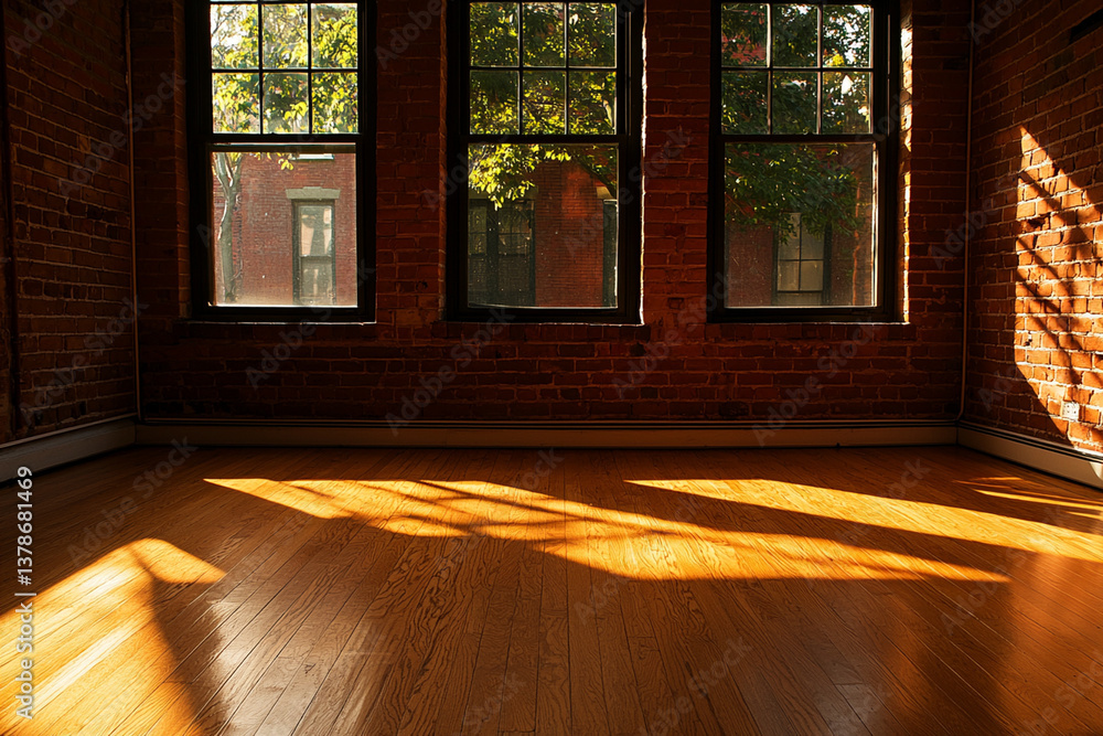 Fototapeta premium Bright sunlight streams through large windows, casting shadows on warm wooden floor of empty loft style room with exposed brick walls, creating serene atmosphere