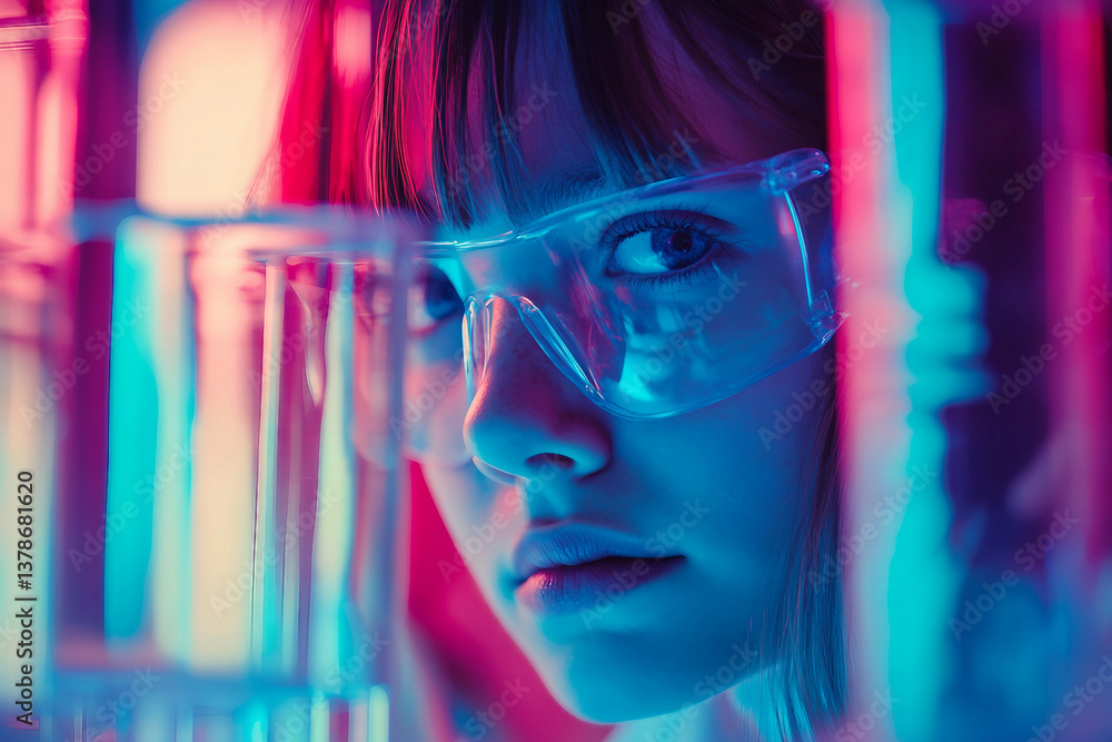 Smiling Young Scientist in Glasses Conducting Research in a High Tech Laboratory Generative AI Smiling Young Scientist in Glasses Conducting Research in a High Tech Laboratory Generative AI