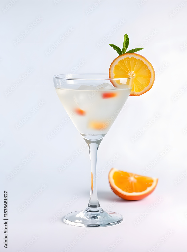 A clear martini glass filled with a refreshing cocktail, decorated with an orange slice. A clear martini glass filled with a refreshing cocktail, decorated with an orange slice.