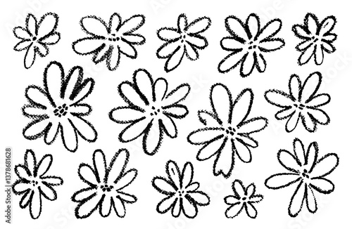 Daisy flower crayon drawing. Brush vector. Hand drawn floral sketch. Doodle paint. Black simple spring daisy flower. Abstract ink line plant. White stroke outline. Nature graphic, handdrawn grunge bg