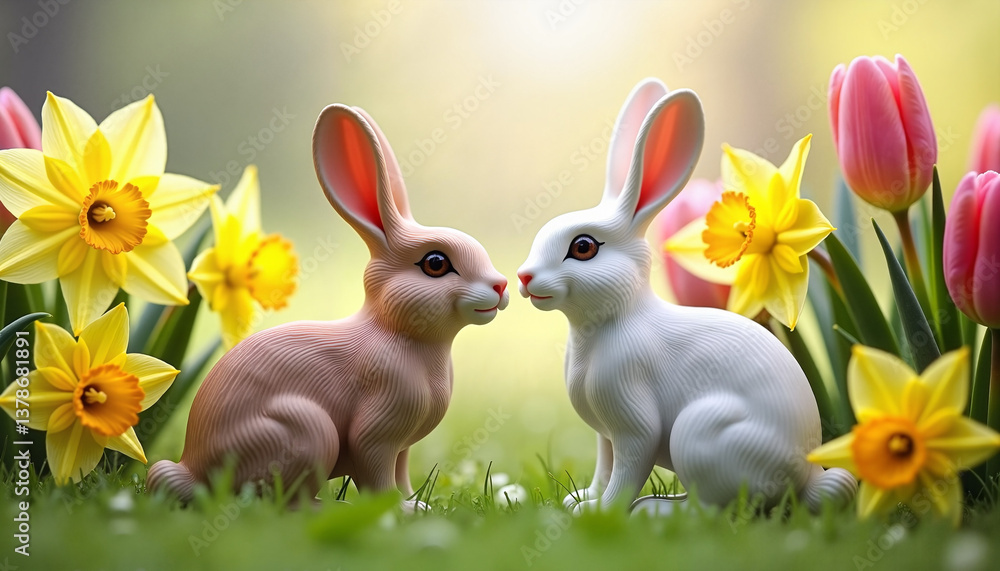 Fototapeta premium Romantic rabbits surrounded by colorful flowers in spring 