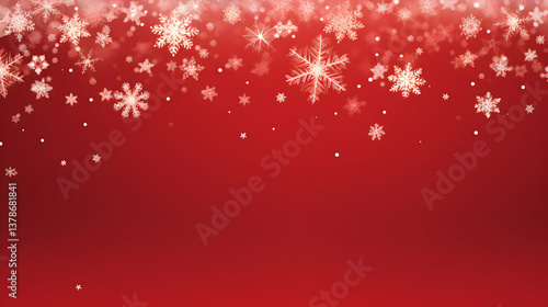 A festive flurry of snowflakes falling gently on a rich red background, creating a magical winter wonderland scene.