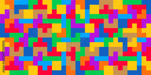 Video game background with color block shapes, pixel bricks - vector