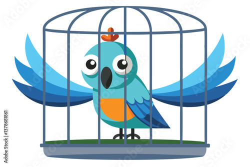 Cartoon Blue Parrot with Orange Chest in Birdcage, Isolated on White Background