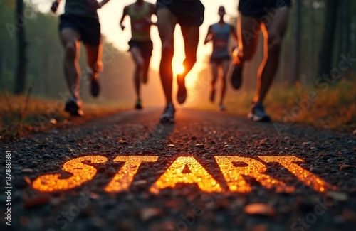 Runners start race in forest at sunset, START sign on track. Athlete legs close-up running, motion blur. Competition, fitness, health, sport activity, marathon training, sprint, healthy lifestyle.