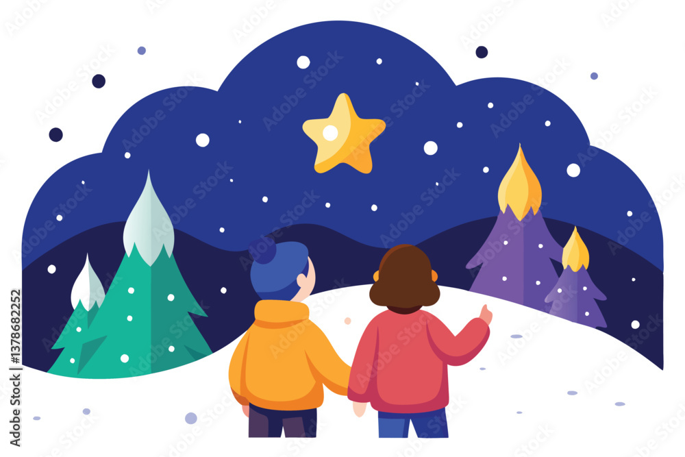 Naklejka premium Cartoon Couple Holds Hands, View of Starry Night Sky with Trees on White Background