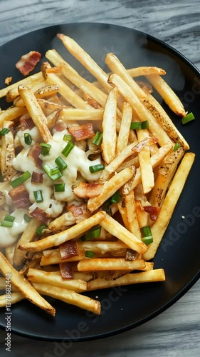 Loaded fries on a black plate. Topped with cheese, bacon and green onions. Steamy and fresh
