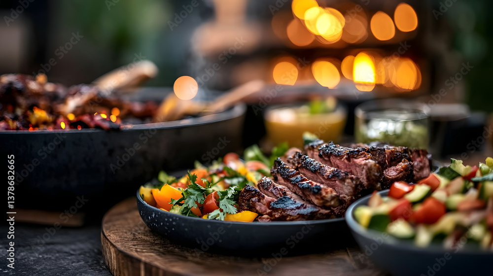 A family enjoying a backyard barbecue with colorful salads and grilled meat. A family enjoying a backyard barbecue with colorful salads and grilled meat.