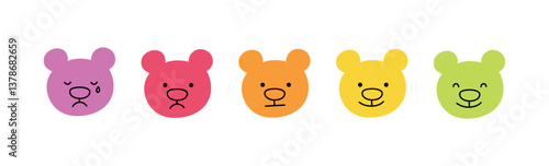 Cute doodle bear face icon set. Smile, sad and cry bear. Teddy kawaii emoji. Hand drawn animal emoticon. Expression teddy head. Good and bad mood. Vector illustration isolated on white background.