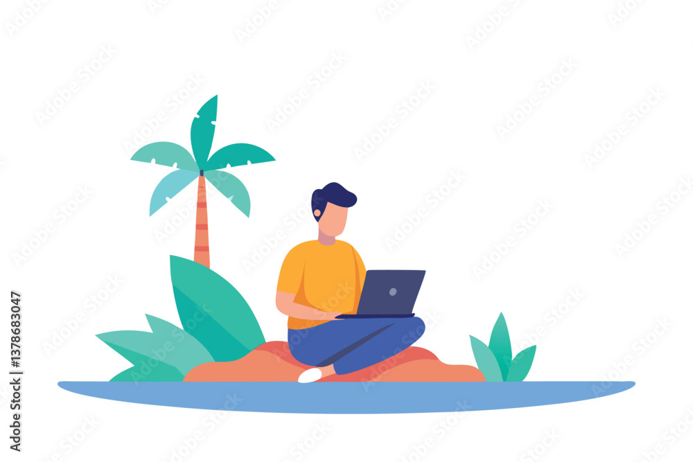 Fototapeta premium Cartoon Man with Laptop on Island with Palm Tree and Plants, Transparent