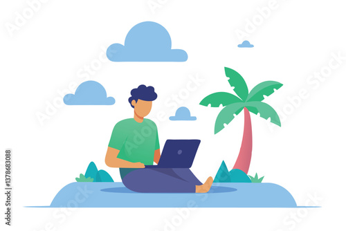 Cartoon Man Working on Laptop Under Palm Tree with Clouds on White Background