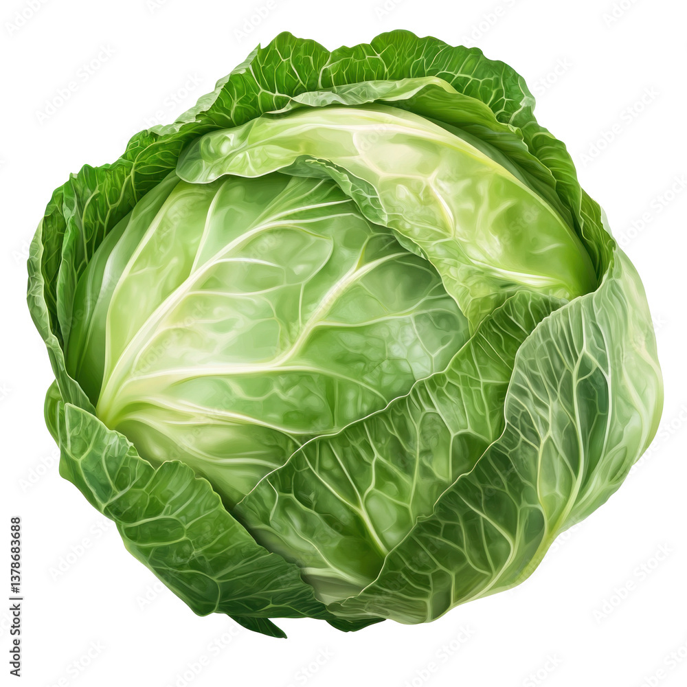 Fototapeta premium Vibrant green head of cabbage rests on a clean white background showcasing its crisp leaves, perfect for salads and cooking