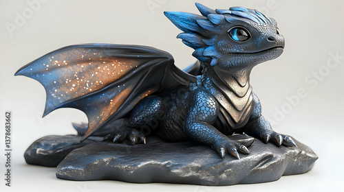 Detailed Fantasy Dragon Sculpture with Blue Scales Black Wings and Glowing Accents Sitting on a Stone Base in Studio Lighting