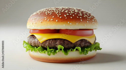Detailed Hamburger with Sesame Seed Bun Cheese Tomato Lettuce and Beef Patty on a White Background in Studio Lighting