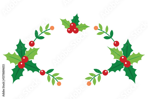 Christmas Holly Leaves and Berries Wreath on White Background