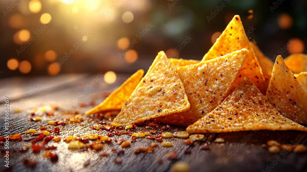 Crispy tortilla chips piled high on a rustic wooden table Crispy tortilla chips piled high on a rustic wooden table