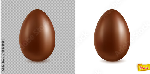 Vector illustration of a shiny chocolate Easter egg with realistic highlights, shown on transparent and white backgrounds, perfect for packaging, ads, and holiday decorations