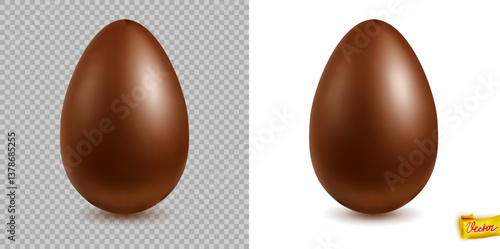 Vector illustration of a shiny chocolate Easter egg with realistic highlights, shown on transparent and white backgrounds, perfect for packaging, ads, and holiday decorations