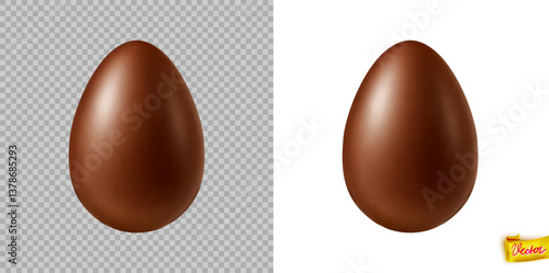 Vector illustration of a shiny chocolate Easter egg with realistic highlights, shown on transparent and white backgrounds, perfect for packaging, ads, and holiday decorations