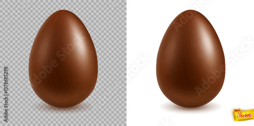 Vector illustration of a shiny chocolate Easter egg with realistic highlights, shown on transparent and white backgrounds, perfect for packaging, ads, and holiday decorations