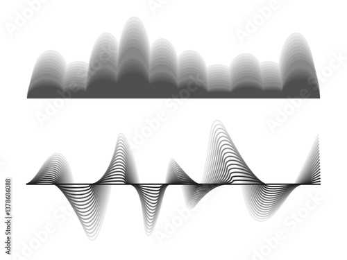 Black sound waves on white background - Music wave frequency or equaliser audio lines and digital voice volume visualisation vector set isolated illustrations 