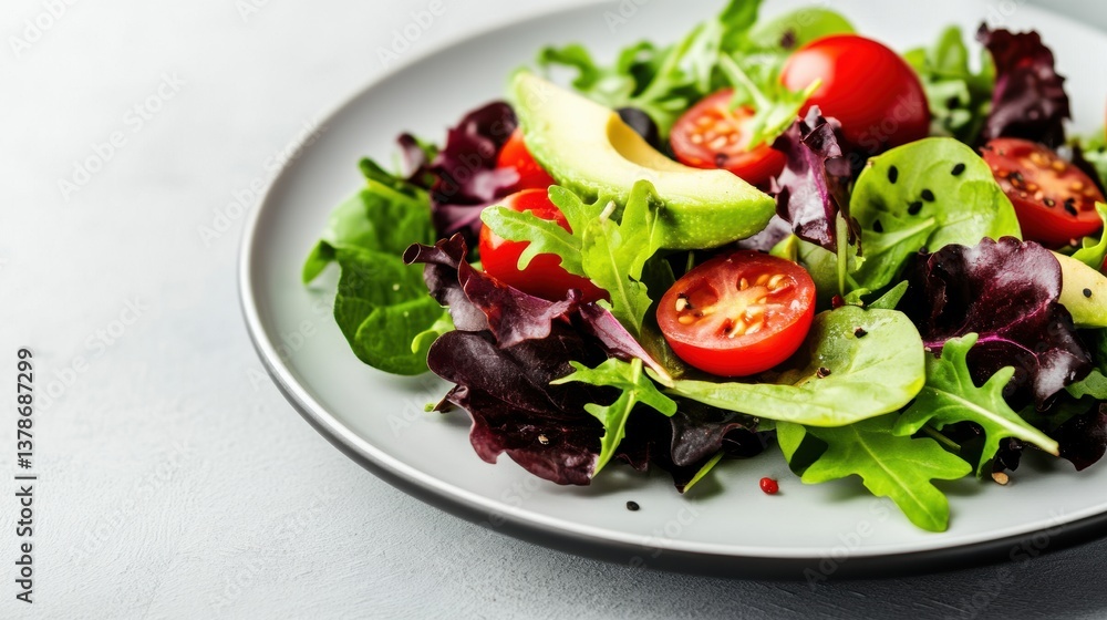 healthy food presentation, vibrant mixed greens salad with cherry tomatoes and avocado, on a white plate, against a white background healthy food presentation, vibrant mixed greens salad with cherry tomatoes and avocado, on a white plate, against a white background