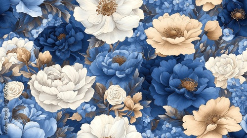 Vibrant floral pattern with blue and white blooms. Seamless pattern.