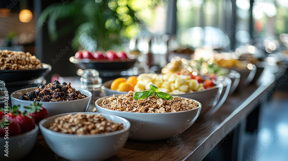 Fototapeta premium Healthy breakfast buffet setup with bowls of oatmeal, granola, raspberries, and diced peaches, surrounded by fresh fruits and cereals in a hotel dining area, morning nutrition concept