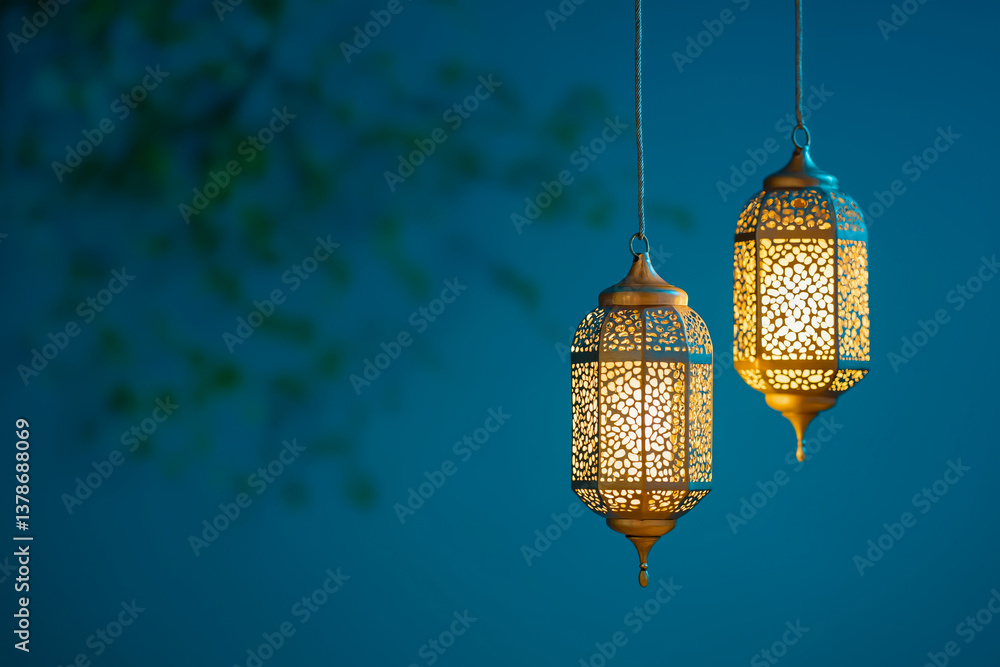 two hanging golden fanouses in front of blurred blue wall with tree leaves two hanging golden fanouses in front of blurred blue wall with tree leaves