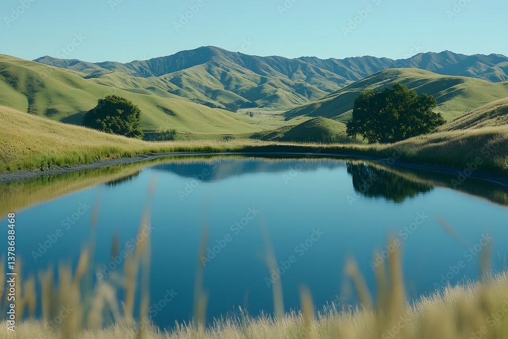 Naklejka premium Picturesque green hills surrounding a quiet mountain lake under a clear azure sky