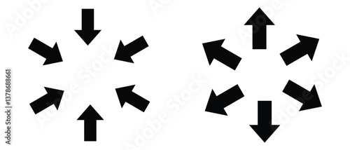 black silhouette inward arrow icon. flat and vintage style inward arrow on white background.