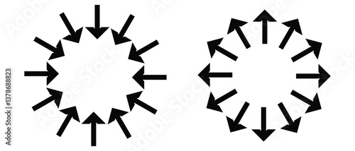 black silhouette inward arrow icon. flat and vintage style inward arrow on white background.
