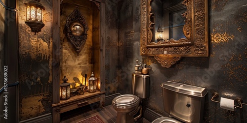 Dramatic industrial inspired restroom featuring rich brass wall elegant metallic toilet ornate Moroccan style mirror reflecting soft lantern light wooden storage nook hold curated antique accessory