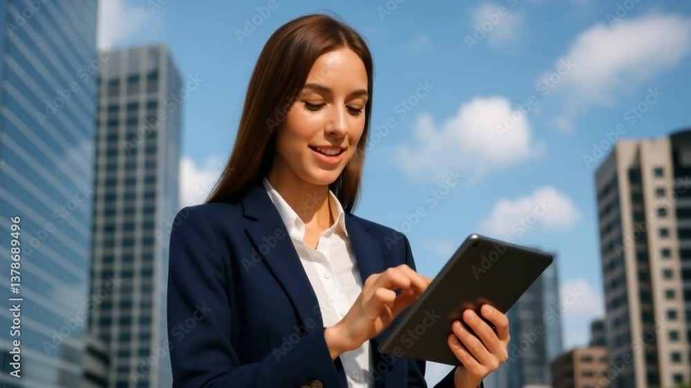 Modern Businesswoman with Tablet: A sophisticated businesswoman, poised amidst a modern cityscape, intently uses her tablet, radiating confidence and professional charm. Modern Businesswoman with Tablet: A sophisticated businesswoman, poised amidst a modern cityscape, intently uses her tablet, radiating confidence and professional charm.