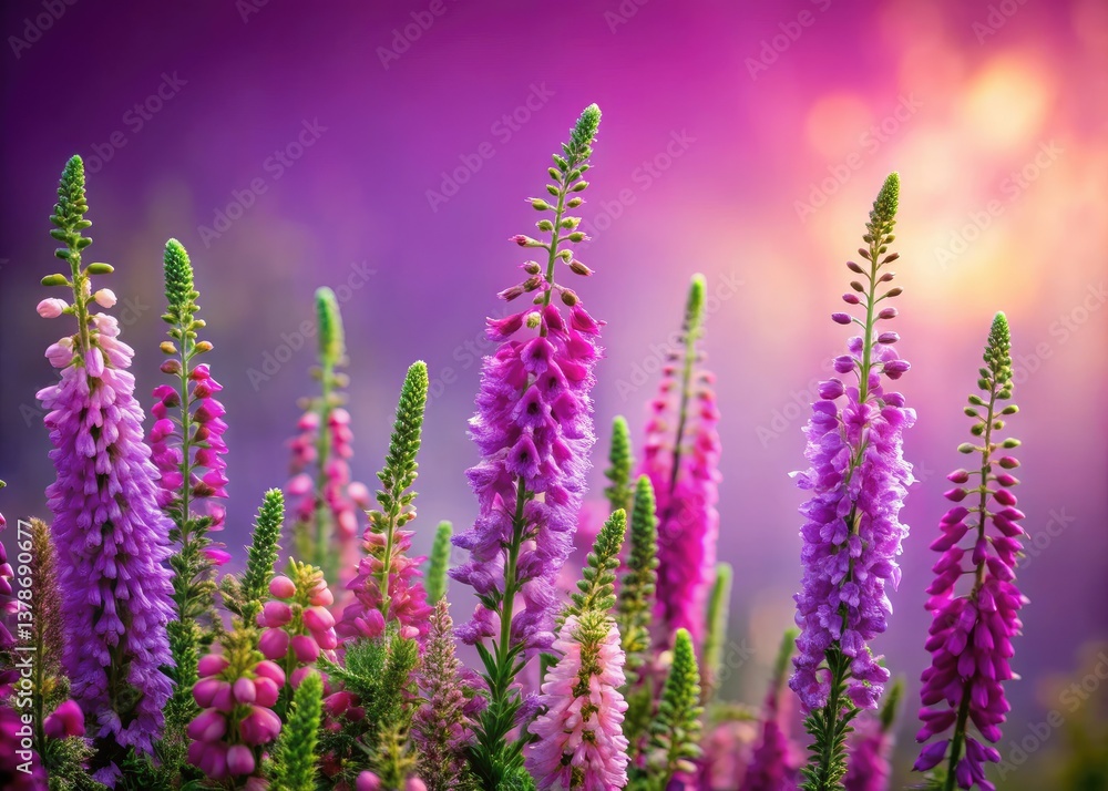 Obraz premium Low-light foxglove heather blooms on a rich purple mockup template, perfect for design projects.