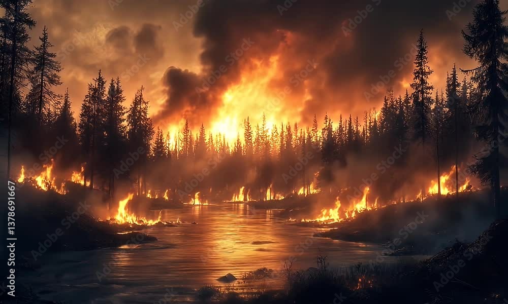 Forest ablaze! Trees engulfed in flames reflected on river, smoke billowing in the sky Forest ablaze! Trees engulfed in flames reflected on river, smoke billowing in the sky