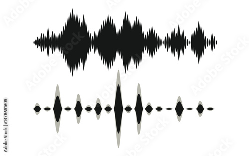Black sound waves on white background - Music wave frequency or equaliser audio lines and digital voice volume visualisation vector set isolated illustrations 