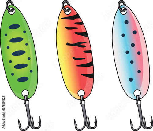 Colorful vector illustration set of spoon fishing lure.
