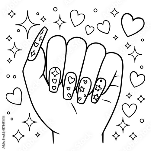 Coloring page designed for children showcasing hand with beautifully decorated nails featuring hearts and stars