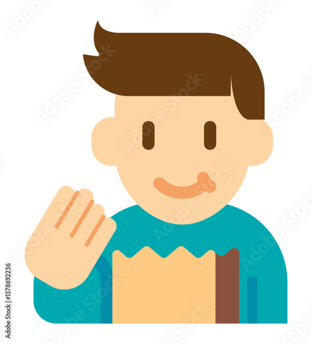 smiling boy holding a snack, licking his lips, illustrated in a flat cartoon style.