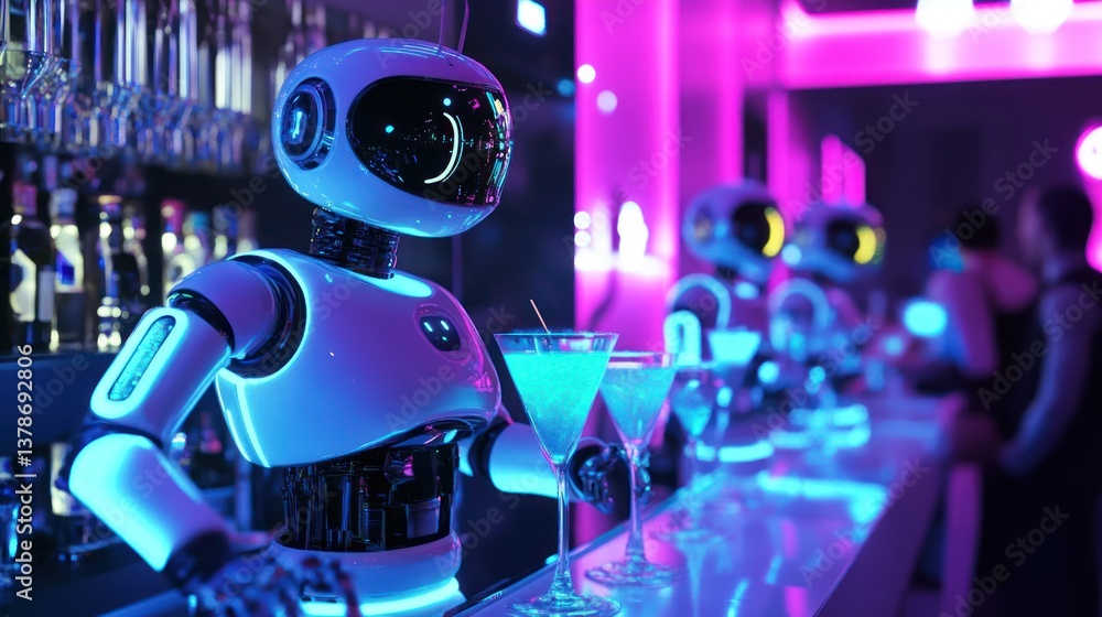 Futuristic robot bartender preparing cocktails with a colorful neon glow Futuristic robot bartender preparing cocktails with a colorful neon glow