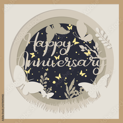 Happy anniversary Layered card, paper cut style, greeting card. Shadow box. illustration of an abstract floral background