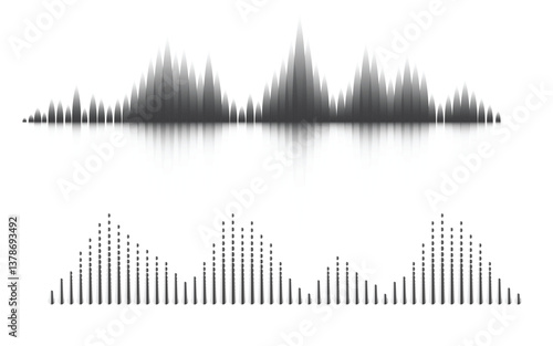 Black sound waves on white background - Music wave frequency or equaliser audio lines and digital voice volume visualisation vector set isolated illustrations 